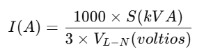 Formulas para convertir de kVA a A Trifasico en Linea Neutro